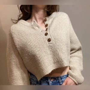 BDG Urban Outfitters Beige Cropped Oversized Henley Sweater